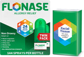 Flonase Allergy Relief Nasal Spray, 24-Hour Non-Drowsy Multi-Symptom Relief � 144 Sprays (Pack of 2) plus Bonus Pack of Tissues