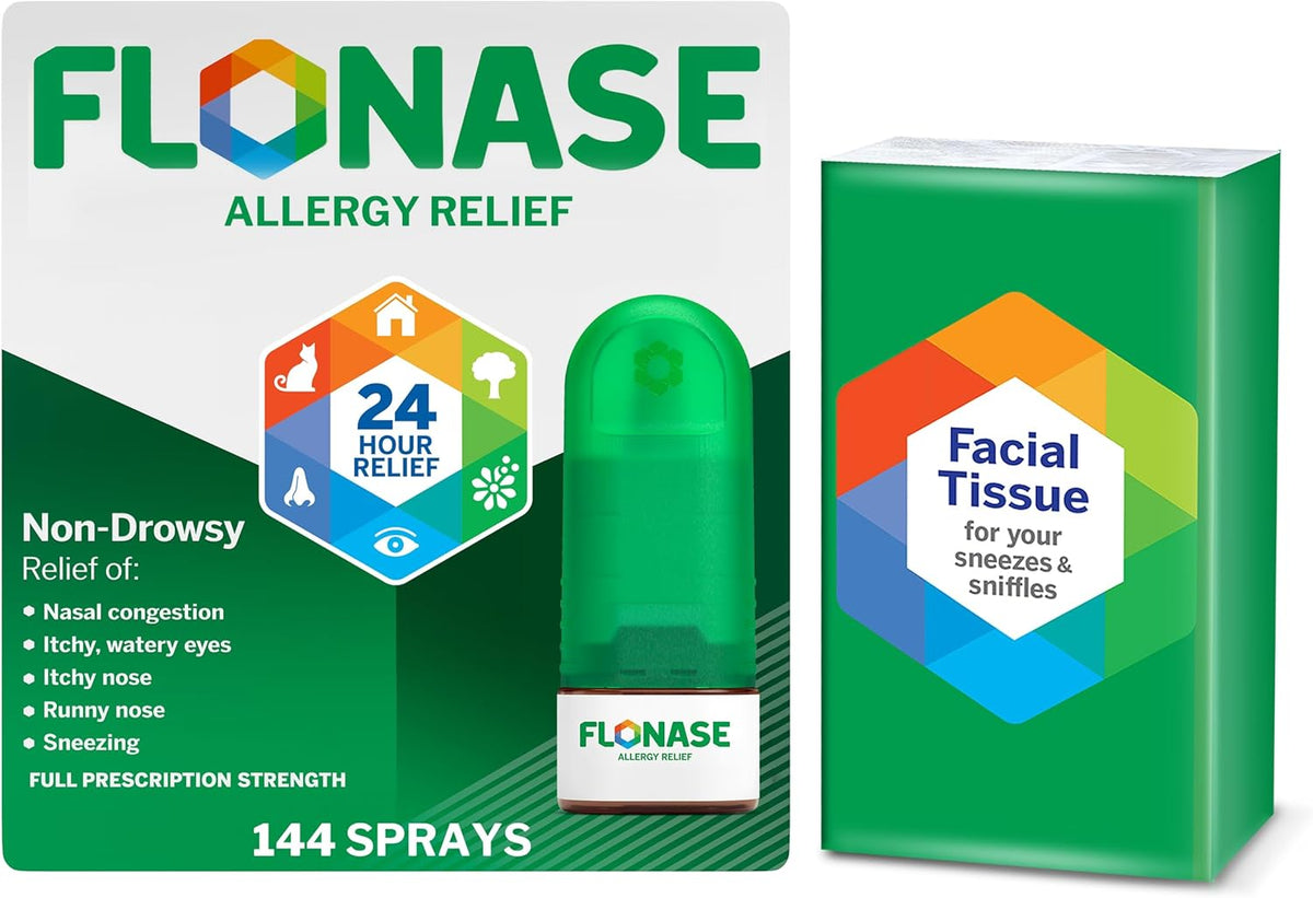 Flonase Allergy Relief Nasal Spray, 24-Hour Non-Drowsy Multi-Symptom Relief � 144 Sprays, Bonus Pack of Tissues