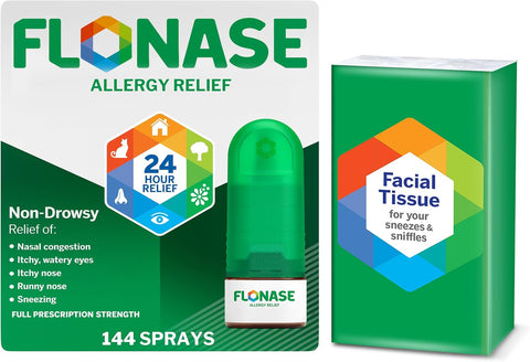 Flonase Allergy Relief Nasal Spray, 24-Hour Non-Drowsy Multi-Symptom Relief � 144 Sprays, Bonus Pack of Tissues