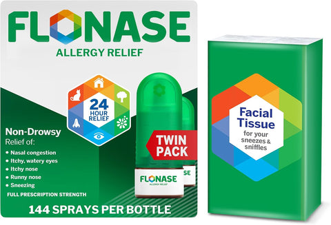 Flonase Allergy Relief Nasal Spray, 24-Hour Non-Drowsy Multi-Symptom Relief � 144 Sprays (Pack of 2) plus Bonus Pack of Tissues