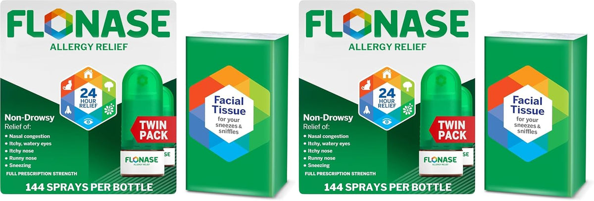 Flonase Allergy Relief Nasal Spray,24-Hour Non-Drowsy Multi-Symptom Relief 144 Sprays Plus Bonus Pack of Tissues,(Pack of 4)