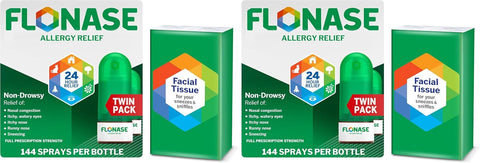 Flonase Allergy Relief Nasal Spray,24-Hour Non-Drowsy Multi-Symptom Relief 144 Sprays Plus Bonus Pack of Tissues,(Pack of 4)