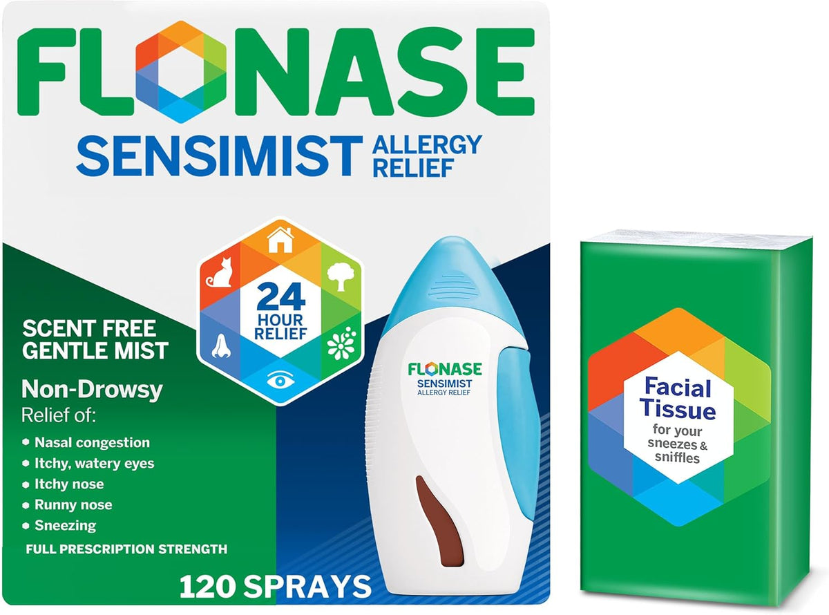 Flonase Sensimist Allergy Relief Nasal Spray - Non-Drowsy 24HR Long Lasting Allergy Relief with Fine, Scent-Free Mist - 120 Sprays Plus Bonus Pack of Tissues