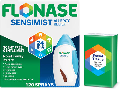 Flonase Sensimist Allergy Relief Nasal Spray - Non-Drowsy 24HR Long Lasting Allergy Relief with Fine, Scent-Free Mist - 120 Sprays Plus Bonus Pack of Tissues